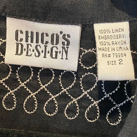 Chico's Design 100% Linen Black Boho Breezy Embroidery Button Up Shirt, Large - Picture 6 of 9